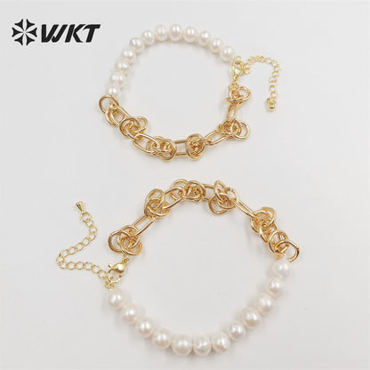 WT-MPB075 Wholesale Fashion Newest Freshwater Pearl Mix Chain Design Bracelet Gorgeous Natural Pearl Beads Chain Women Bracelet