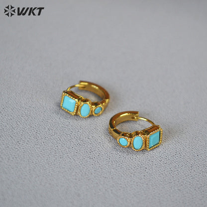 WT-E821 Fashionable Popular Natural Turquoise Copper Plated With Gold Little Earrings As Women Holiday Wearing Accessory