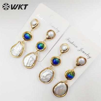 WT-MPE089 Gorgeous Fashion 18K Real Gold Plated Long Drop Freshwater Pearl Women Teardrop Earrings Handmade Dangle Earrings