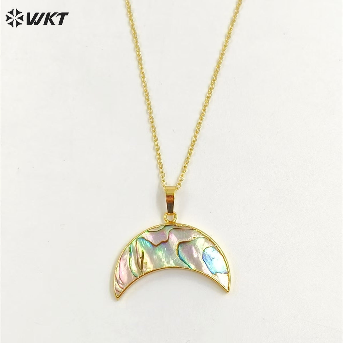 WT-N771 Wholesale Hot Shape Natural Paua Shell Crescent Horn Necklace 18k Real Gold Plated Abalone Crescent Horn Necklace
