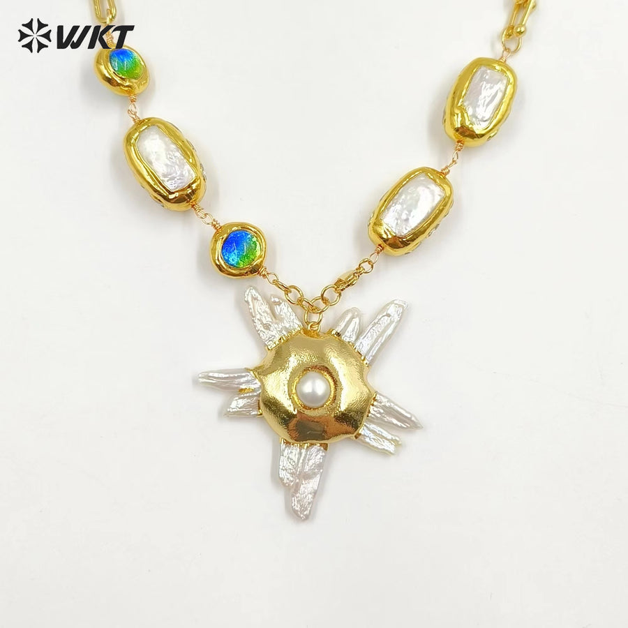 WT-JN256 Amazing Gorgeous Freshwater Pearl Chain Big Pendant Handmade Beads Necklace in 19 Inch Long