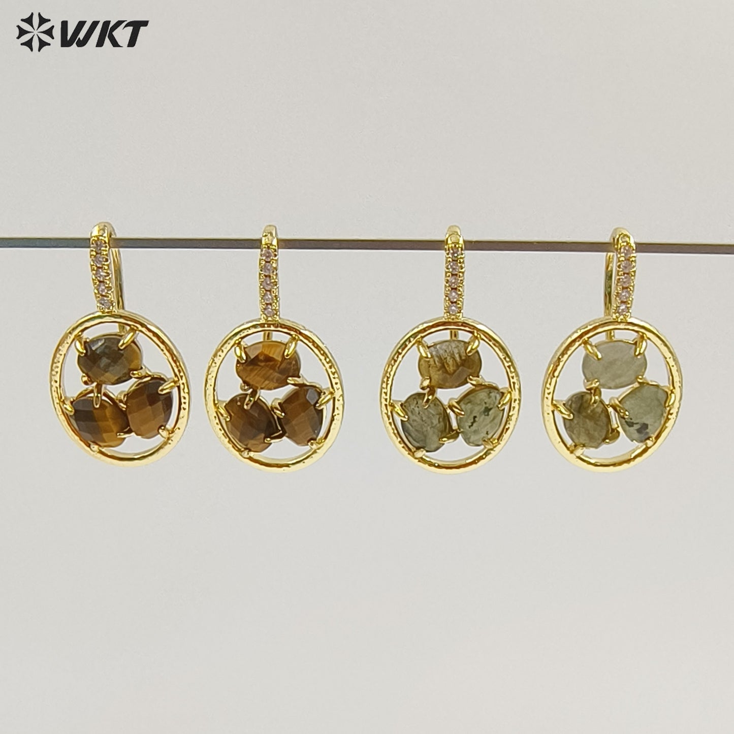 WT-E795 Delicate 18K Gold Plated Three Natural Gemstones With Zircon Hollow Round Earrings For Friend Birthday Gift Jewelry