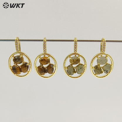 WT-E795 Delicate 18K Gold Plated Three Natural Gemstones With Zircon Hollow Round Earrings For Friend Birthday Gift Jewelry