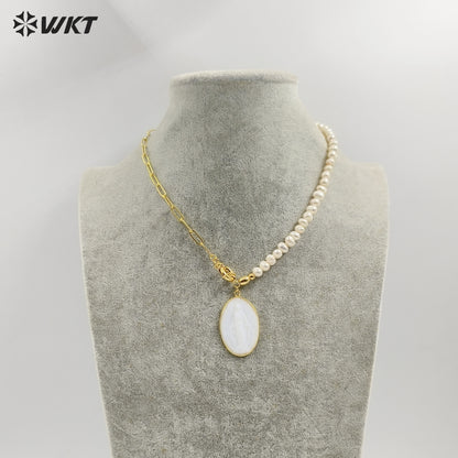 WT-JN128 WKT Unique Amazing Chic Design Women Hand Make Carved Religious Christian Mary Jesus Pendant 18real Gold Shell Necklace