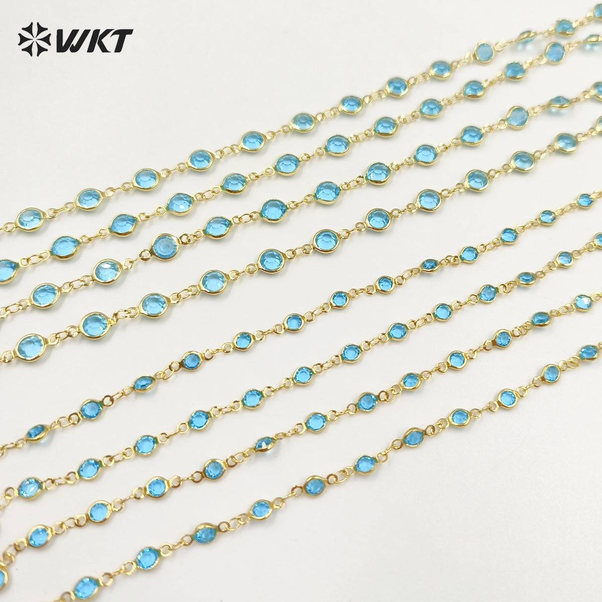WT-RBC230 Super Hot 18K Real Gold Plated Aqua Crystal Round Beads Chain for Women Jewelry Necklace DIY Design Findings