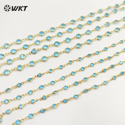 WT-RBC230 Super Hot 18K Real Gold Plated Aqua Crystal Round Beads Chain for Women Jewelry Necklace DIY Design Findings