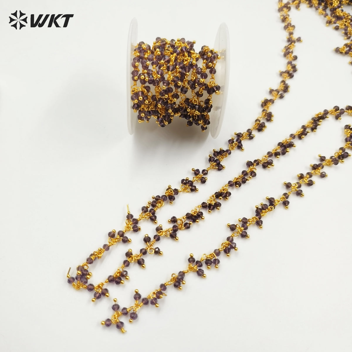 WT-RBC228 Wholesale New Fashion 18K Gold Plated Resist Tarnishable Purple Amethyst Charming Beads Chain for Necklace Design