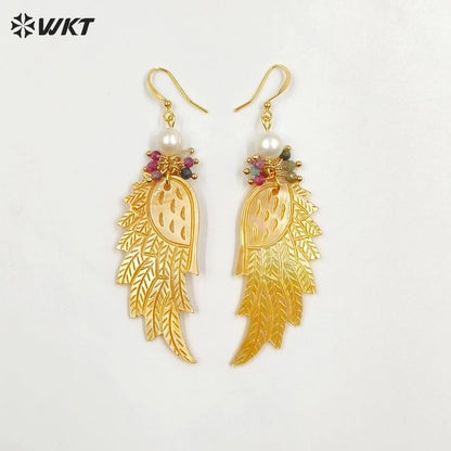 WT-MPE103 Latest Style Shell and Tourmaline Beads 22*53mm Wing Shaped 18k Gold Plated Gift Weeding Romantic Pendant Earrings