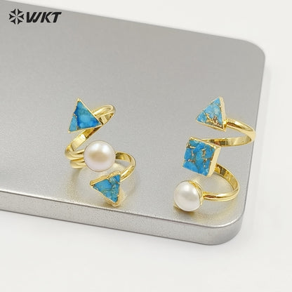 WT-R437 WKT Exclusive 18k Real Gold Plated Resist Tarnishale Copper Turquoise Stone Ring Women Adjustable Triple Natural Ring