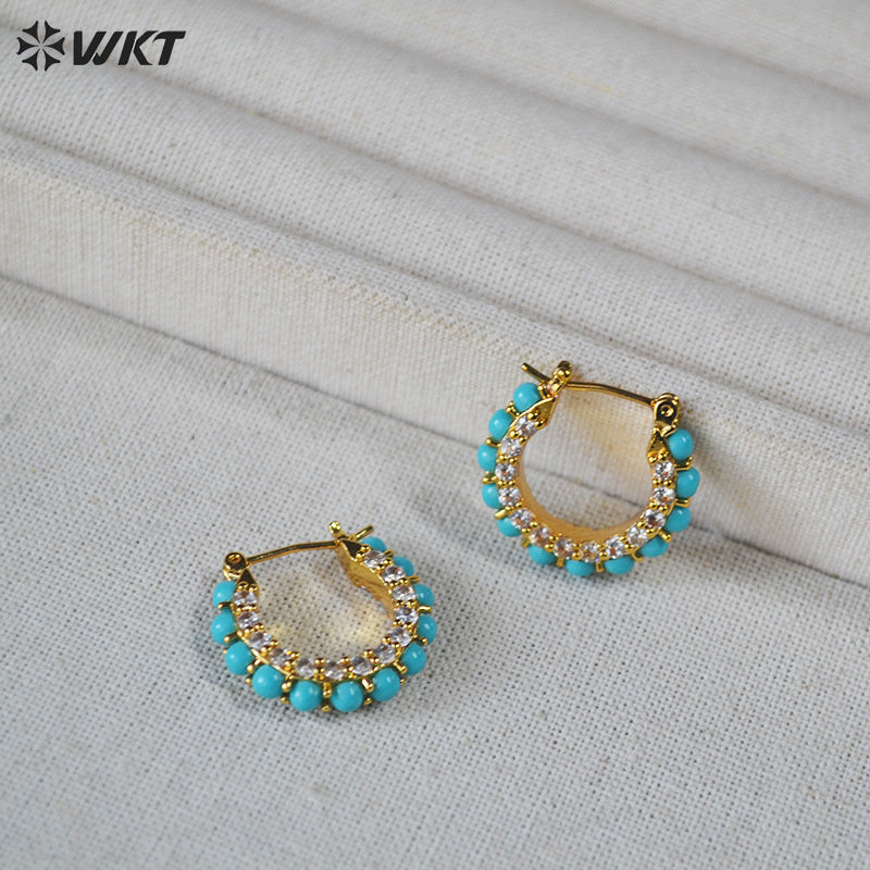WT-E822 Exquisite Trendy Natural Turquoise And Cubic Zircon Gold Plated Round Earrings For Lady Party Decorative Jewelry