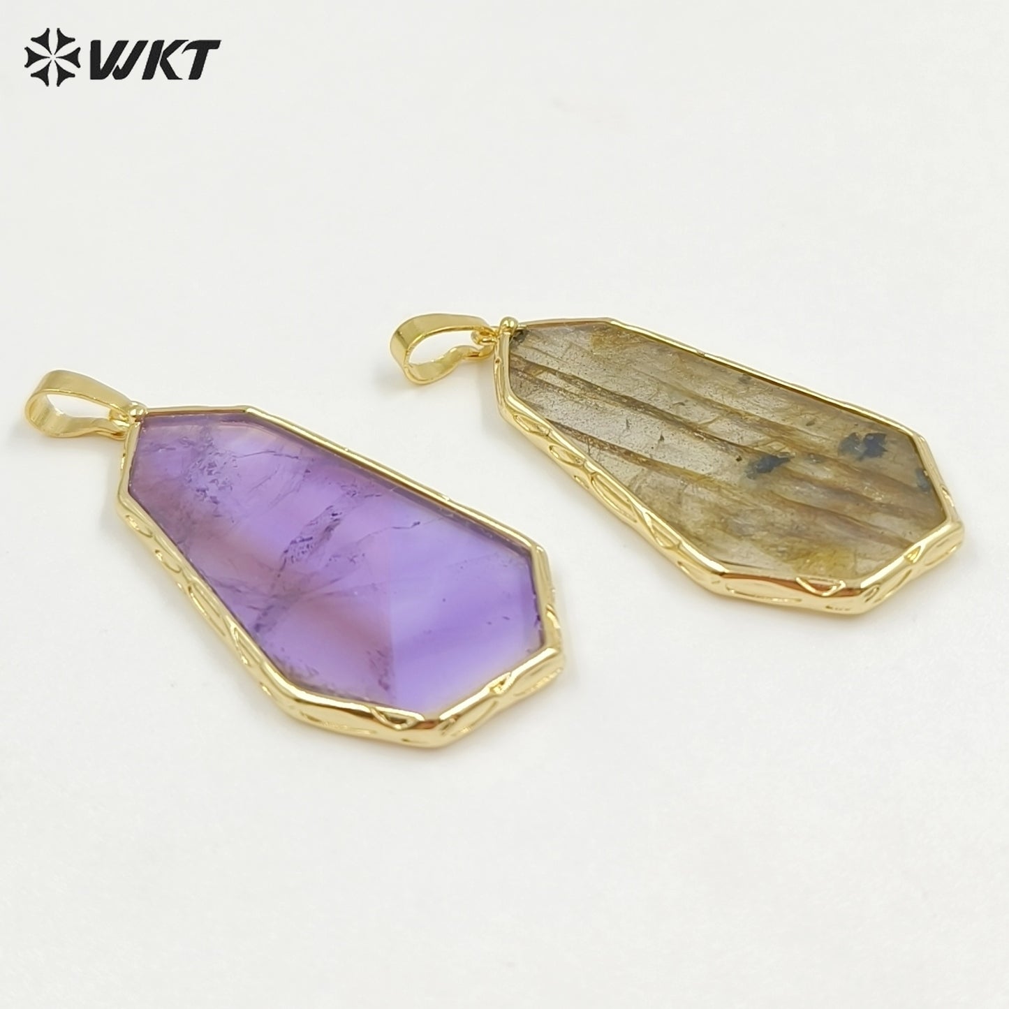 WT-P2127 Wholesale Gold Electroplated Natural Labradorite And Amazonite Stone Geometric Pendants For Lady Necklace Design