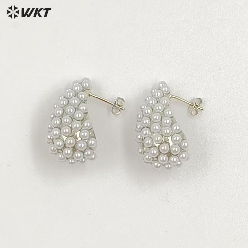 WT-ME129 Hot Sales Elegant Design Gold And Silver Plated Brass With Artificial Pearl Teardrop Shape Earrings For Wedding Gift
