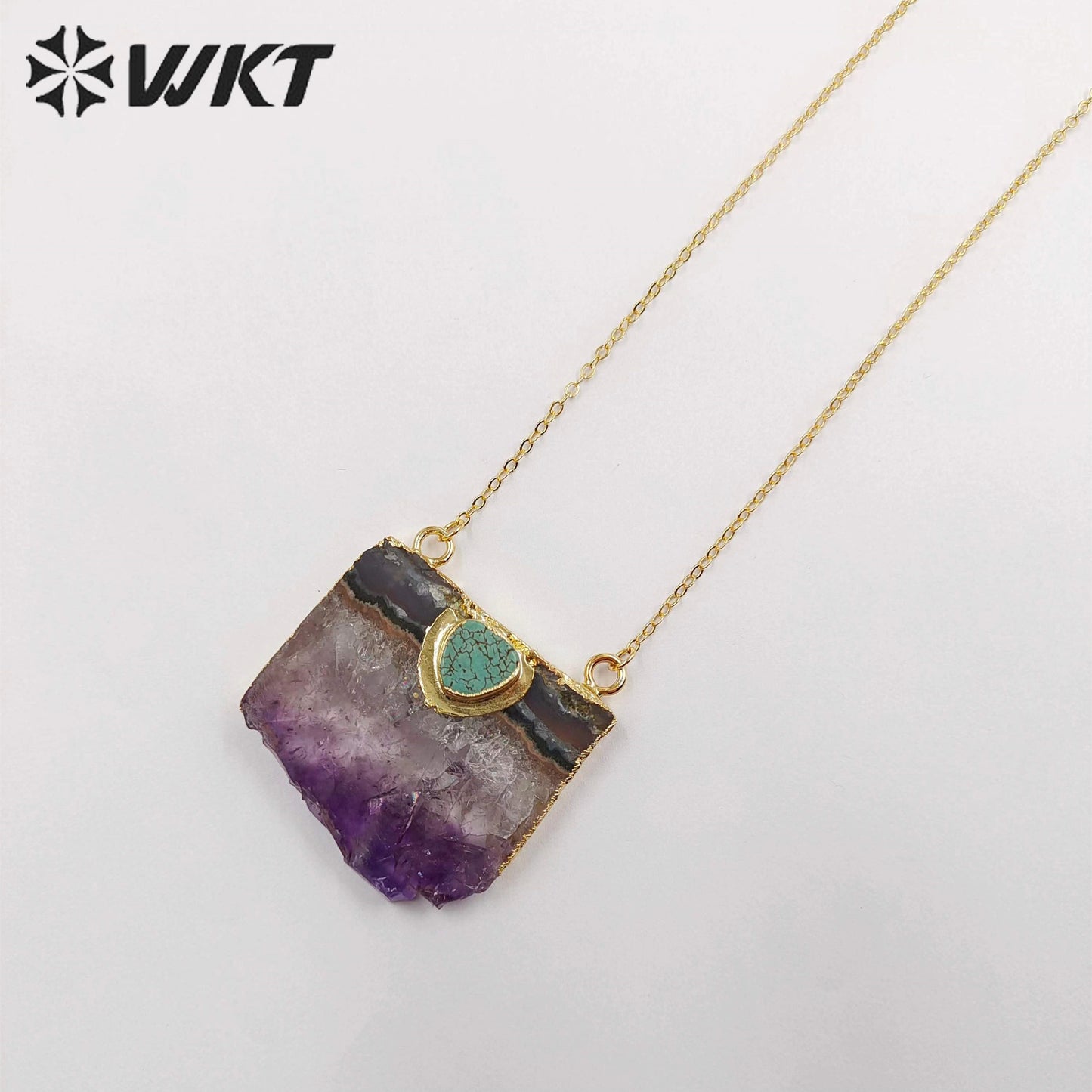 WT-N411 Natural Slice Raw Amethyst Necklace With Turquoise Elements, Uraguay Purple Amethyst Necklace With Gold Plated on Edged