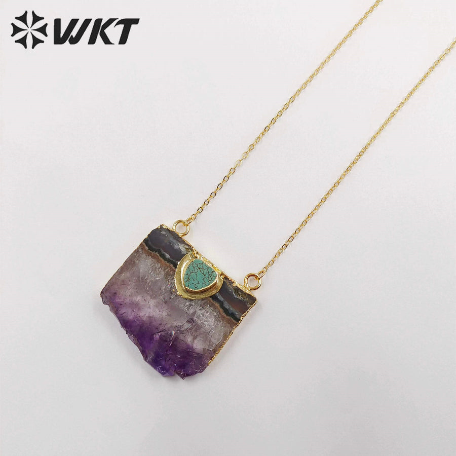 WT-N411 Natural Slice Raw Amethyst Necklace With Turquoise Elements, Uraguay Purple Amethyst Necklace With Gold Plated on Edged
