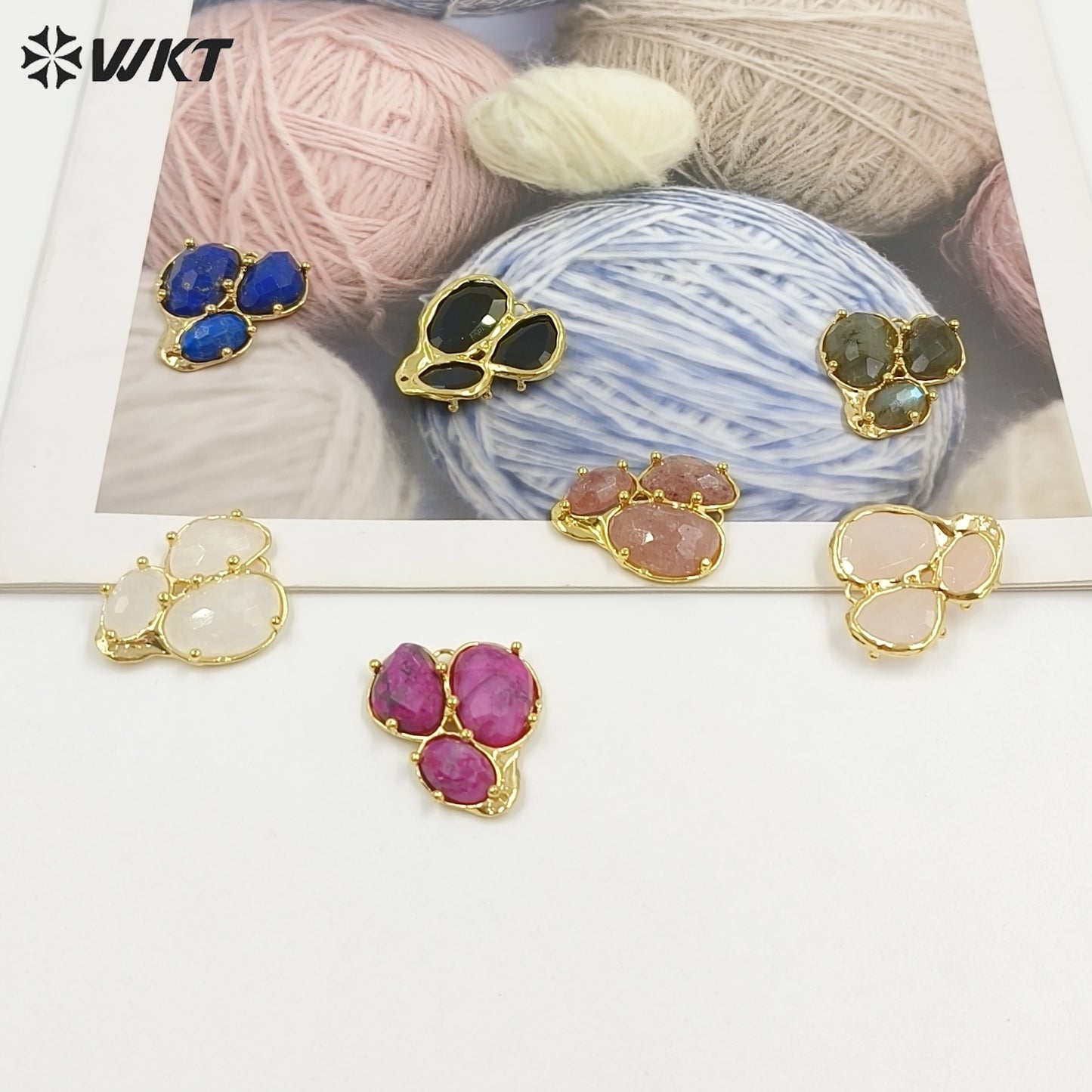 WT-P2130 Good Quality Exquisite 18K Gold Plated Three Natural Gemstones Pendants For Women Necklace Earrings DIY Making
