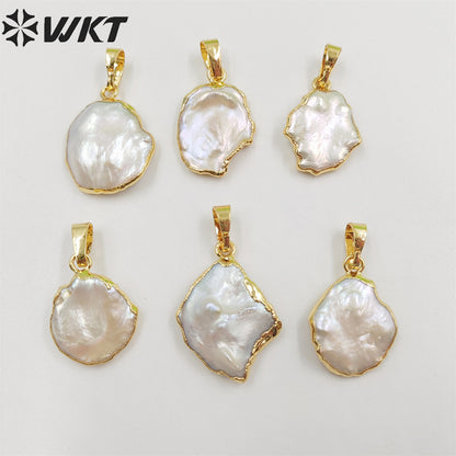 WT-P656 Wholesale Unique Natural Freeform White Freshwater Pearl Pendant Gold Edges Pendant DIY Jewelry Making