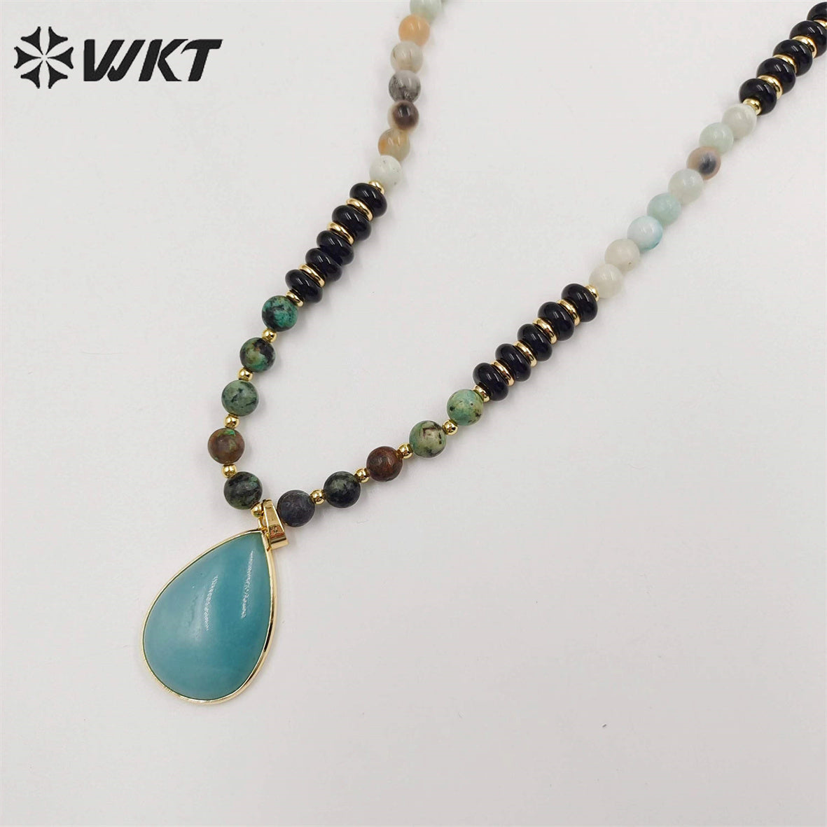 WT-N1416 Newest Attractive 6mm Long Natural Stone Beads Necklace in 28 Inch Genuine Amazonite Drop Pendant Necklace