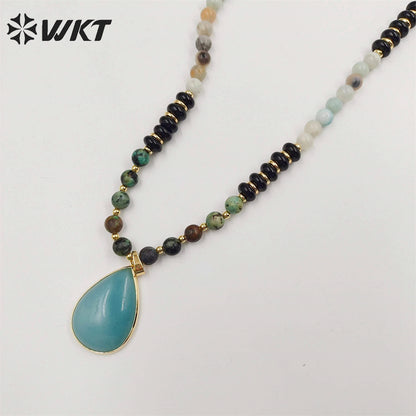 WT-N1416 Newest Attractive 6mm Long Natural Stone Beads Necklace in 28 Inch Genuine Amazonite Drop Pendant Necklace