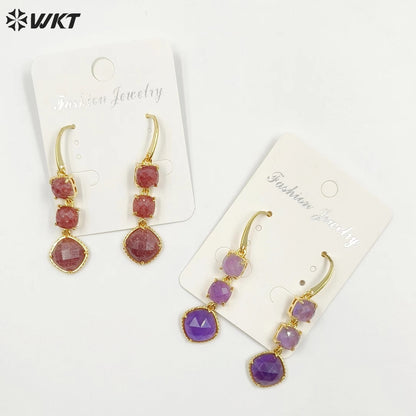 WT-E734 Elegant Colorful Gemstone Wire Wrapped Long Charming in Drop Earrings Women Triple Pendant Earrings