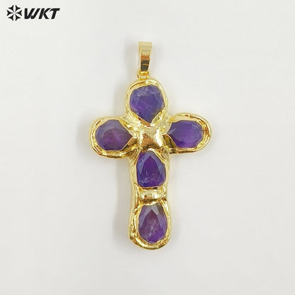 WT-P2045 Popular Sale Back Full Gold Electroplated Turquoise Natural Gemstones Cross Pendants As Fashion Necklace DIY Findings
