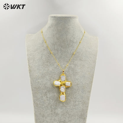 WT-JN328 Wholesale Beautiful Back Full Gold Plated With Natural Freshwater Pearls Cross Shape Pendant Necklace Anniversary Gift
