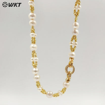 WT-JN376 16 Inch Luxury Simple Style 18K Gold Electroplated Beads And Natural Pearls Necklace For Lady Party Wearing Jewelry