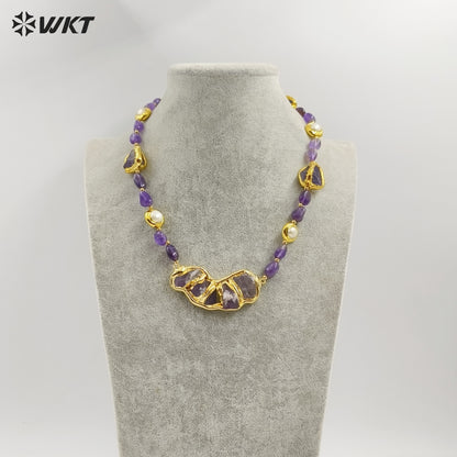 WT-N1464 Gorgeous Unique Gold Plated Natural Chunky Amethyst Beads and Pearl Big Stone Pendant Necklace