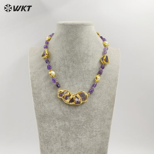 WT-N1464 Gorgeous Unique Gold Plated Natural Chunky Amethyst Beads and Pearl Big Stone Pendant Necklace