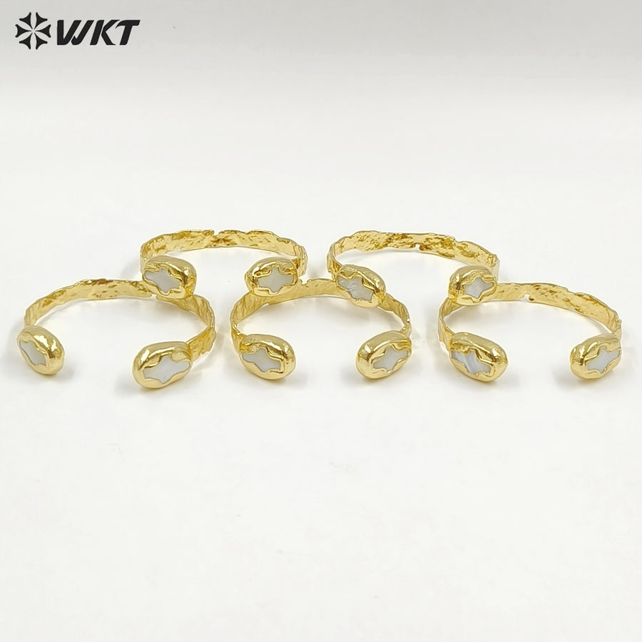 MPB106 Amazing Christian Religious Double Cross Natural MOP Set 18K Gold Plated Metal Bangle In Adjustable