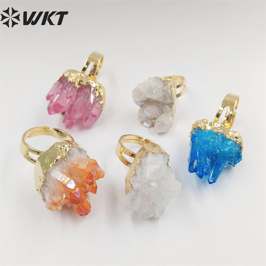 WT-R244 Exclusive Newest Aqua Aura Ring 18k Adjustable Natural Healing Crystal Quartz Cluster Aura Ring Fashion Women Stone Ring