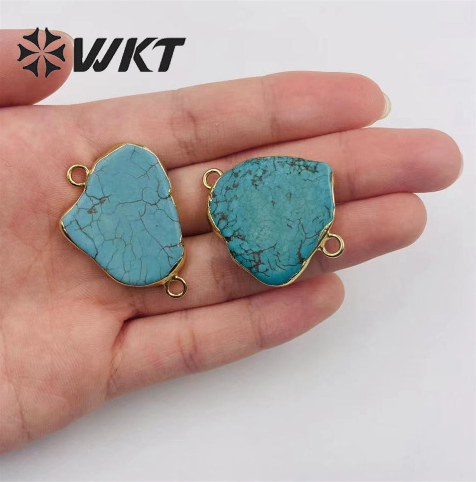WT-C023 Newest Natural Slice Turquoise Gemstone Pendants With 24k Gold Edge Double Loops Green Howlite Stone Connectors