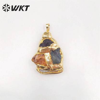 WT-P1906 WKT Exclusive Vintage Style Big Gemstone Pendants Handmade Gold Plated Yellow Citrine Stone Jewelry Pendants