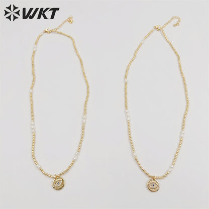 WT-JN179 Wholesale Fashion Gold Plated Tiny Beads Elegant Lady Eye Necklace 2mm Hand Strand Beads Necklace for Friend Birthday