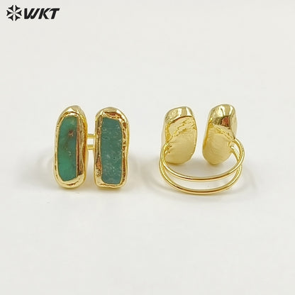 WT-R582 Beautiful Gold Electroplated Natural Australia Chrysoprase Rectangle Stone Rings As Women Everyday Wearing Jewelry