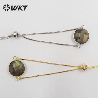WT-B343 Trendy Design Natural Labradorite Connector Bracelet, Charm Round 24K Real Gold Plated Labradorite Connector Bracelet