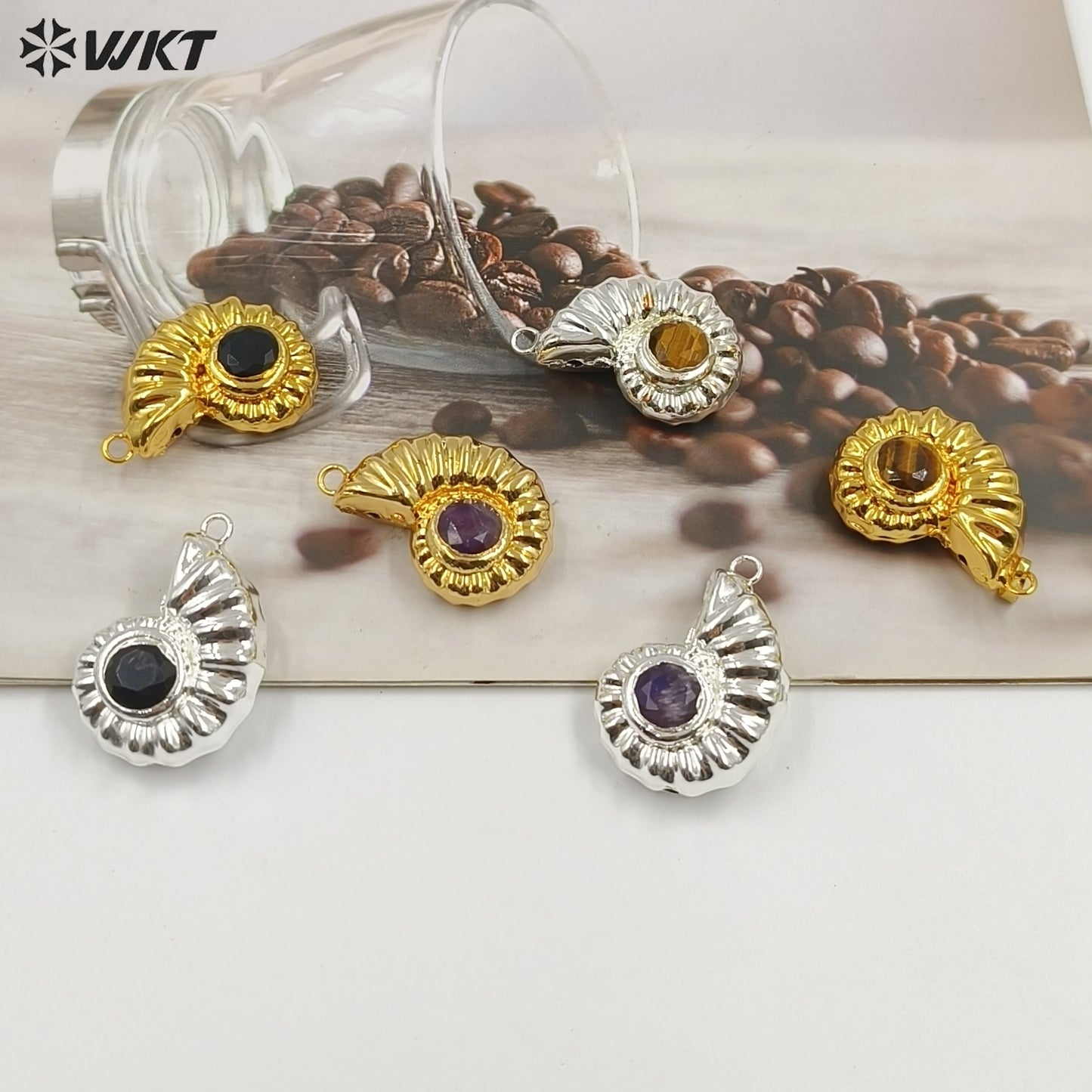 WT-P2056 High Quality Lovely Gold Silver Plated Metal With Natural Gemstones Shell Shape Pendants For Handmade Necklace DIY