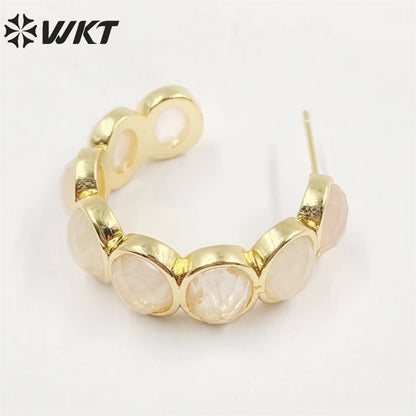 WT-E707 Amazing Fashion Women Natural Gemstone Setting Letter C Crescent Horn Earrings Lady Anniversary Earrings
