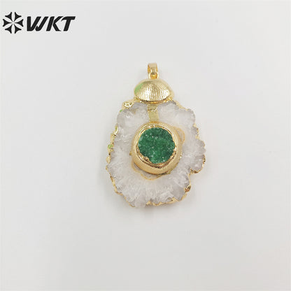 WT-P1852 Amazing Fashion Gold Trim Stalactite Stone Pendant with Druzy Quartz and Pearl Natural Stone Cut Flower Pendants