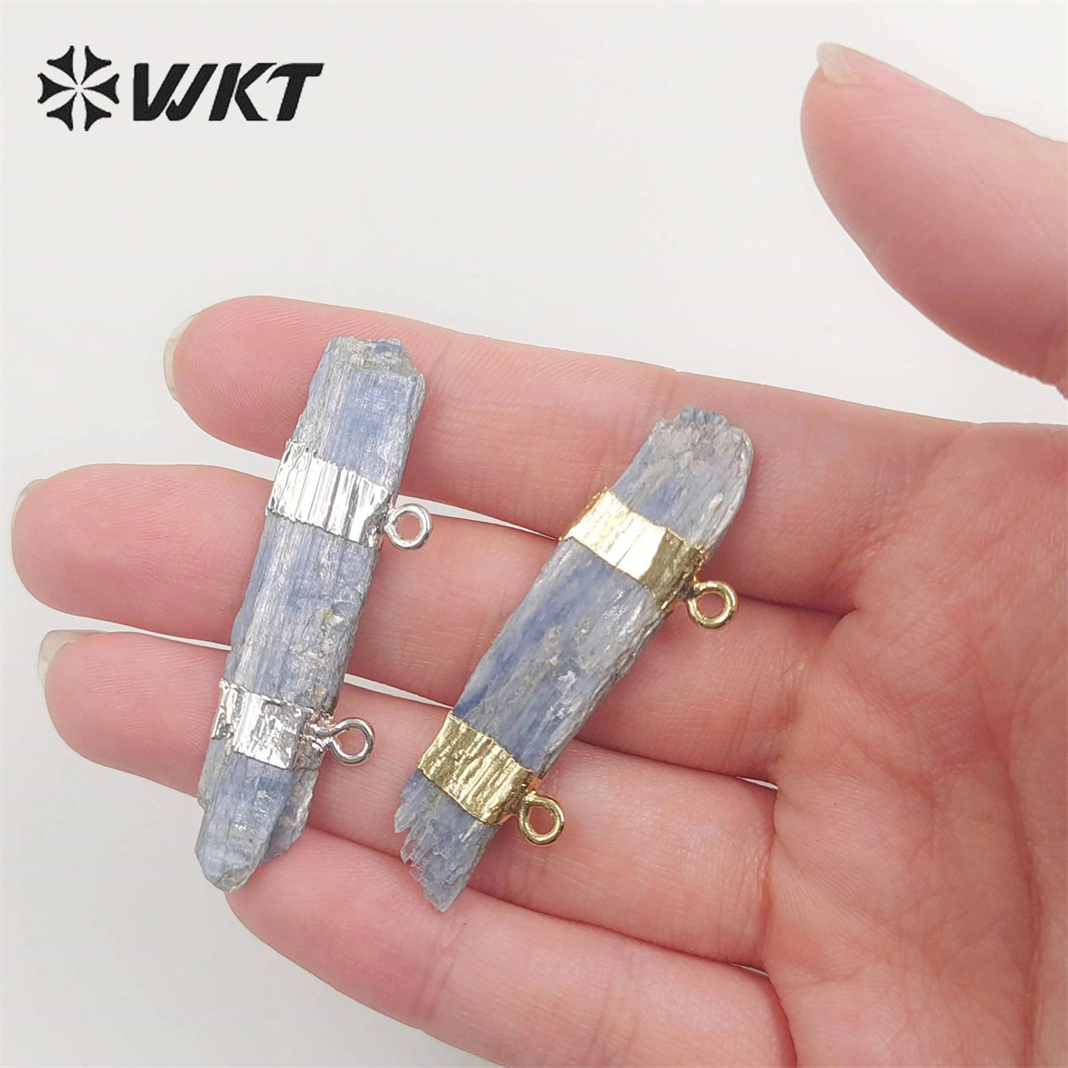 WT-P527 Rough Blue Kyanite Double Loops Bail Pendants, Fashion Gemstone Gold Dipped Natural Stone Pendants