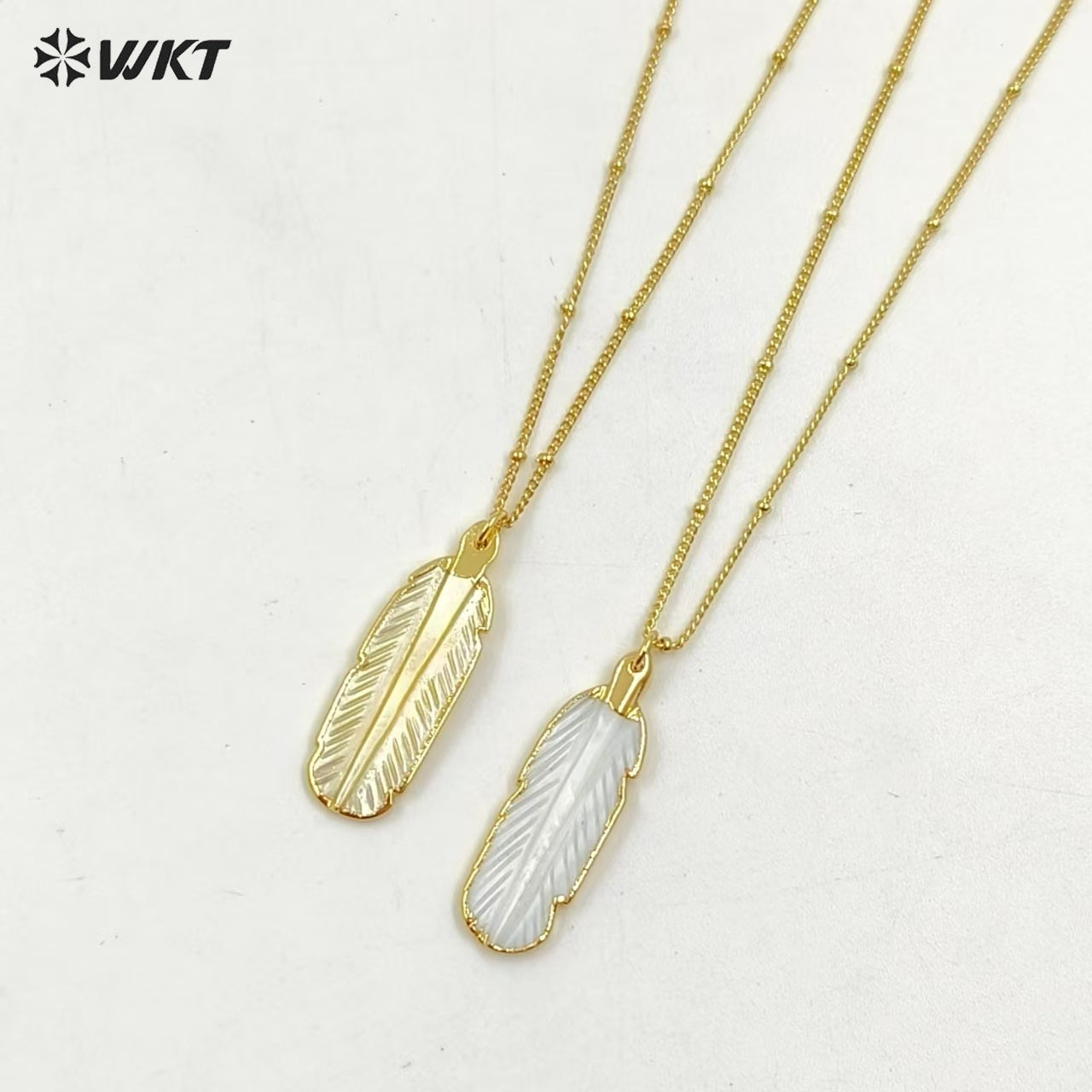 WT-N1081 WKT Wholesale Hot Natural Shell Carved Feather Charming 18k Real Gold Plated Cable Beaded Link Chain Shell Necklace