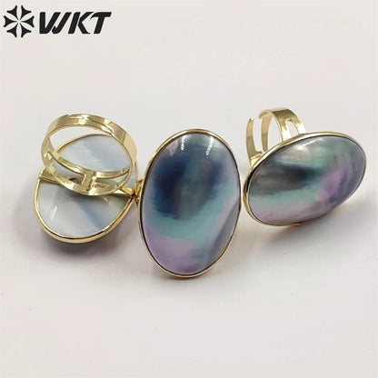 WT-MPR042 Wholesale Women Gorgeous Oval Black Mabe Ring 18k Real Gold Bezel Mother of Pearl Ring Natural Shell Ring