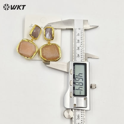 WT-E742 Newest Women Precious Natural Faceted Sun Stone Made in 18K Real Gold Plated Europe Populared Rose Quartz Earrings