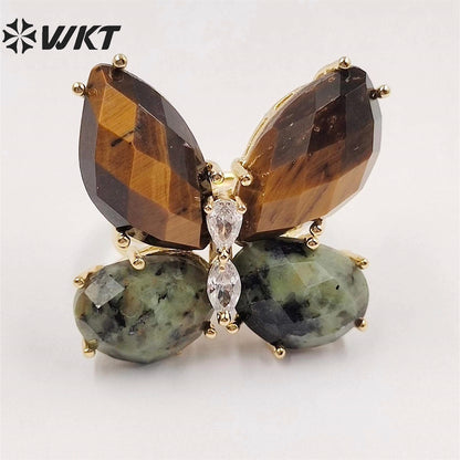 WT-R464 Amazing Natural Gemstone Carved Stone Ring Gorgeous Women Gold Plated Hand Carved Fashion Butterfly Ring