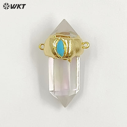 WT-P1552 Most Populared Double Loops Turquoise Charm Natural Crystal Quartz Point Pendant Healing Quartz Point Pendant Jewelry