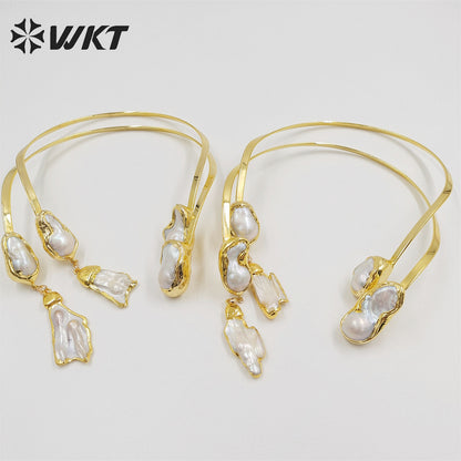 WT-JN212 Wholesale Fashion Gorgeous 18k Real Gold Plated Baroque Pearl Necklace Precious Noble Style Freshwater Pearl Necklace