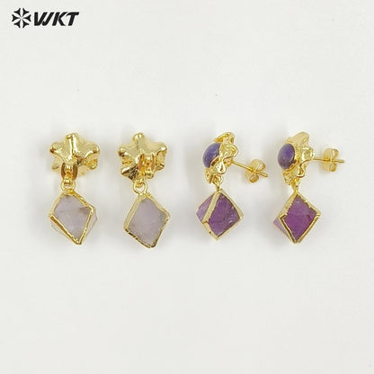 WT-E793 Exquisite Unique 18K Gold Electroplated Natural Gemstones Rhombus Little Earrings As Women Party Birthday Present