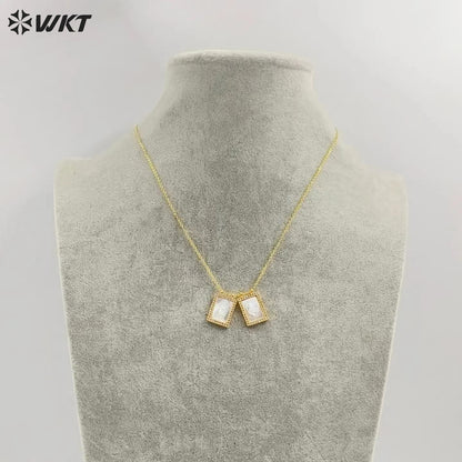 WT-JN220 Super Hot Fashion Double Charms Micropaved CZ Setting Mother of Pearl Shell Necklace 18k Gold Religion Maria Necklace