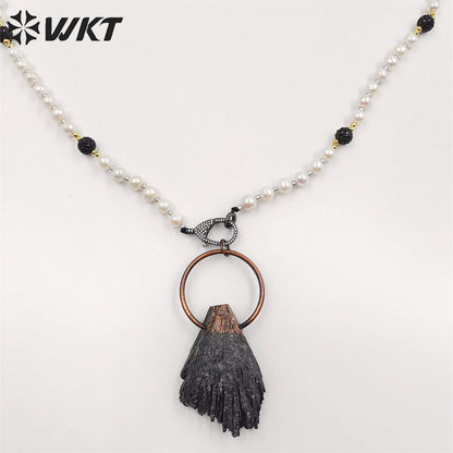 WT-N1415 Wholesale Newest Vintage Style Antique Copper Black Kyanite with Pearl Chain Necklace Pearl Beads Necklace