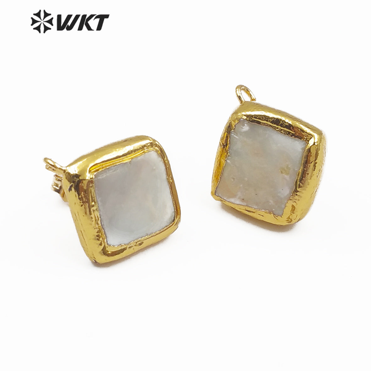 WT-JF302 Jewelry Findings for Women DIY Freshwater Pearl in Square Shape Gold Framed 10MM Natural Pearl Stud Earring