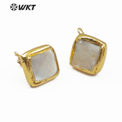 WT-JF302 Jewelry Findings for Women DIY Freshwater Pearl in Square Shape Gold Framed 10MM Natural Pearl Stud Earring